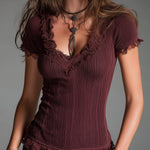Vintage Faded Knitted Short-sleeved T-shirt With Lace Trim