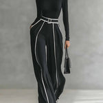 High Waisted Loose Belted Contrast Color Pockets Pants Trousers