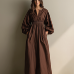 Women's Casual Brown Cotton And Linen V-neck Long-sleeved Maxi Dress With Elastic Waist