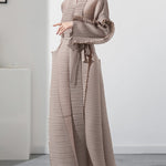 Casual Long Sleeves Loose Tied Pleated Stand Collar Midi Dresses