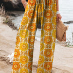 Summer Gerbera Floral Pattern Printed Women's Cotton And Linen Casual Pants