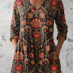 Summer Ethnic Floral Pattern Printed Women's Casual Linen V-Neck Shirt