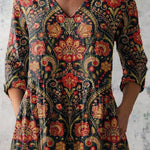 Summer Ethnic Floral Pattern Printed Women's Casual Linen V-Neck Shirt