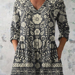Retro Floral Pattern Printed Women's Casual Linen V-Neck Shirt