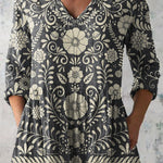 Retro Floral Pattern Printed Women's Casual Linen V-Neck Shirt