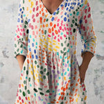 Watercolor Polka Dot Pattern Printed Women's Casual Linen V-Neck Shirt