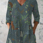 Tranquil Woodland Pattern Printed Women's Casual Linen V-Neck Shirt