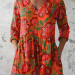 Ethnic Style Summer Floral Pattern Printed Women's Casual Linen V-Neck Shirt