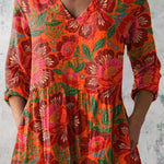 Ethnic Style Summer Floral Pattern Printed Women's Casual Linen V-Neck Shirt