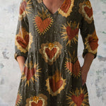 Retro Heart Repeat Pattern Printed Women's Casual Linen V-Neck Shirt