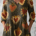 Retro Heart Repeat Pattern Printed Women's Casual Linen V-Neck Shirt