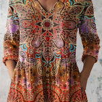 Summer Boho Pattern Printed Women's Casual Linen V-Neck Shirt
