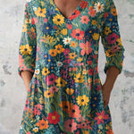 Oil Painting Summer Floral Pattern Printed Women's Casual Linen V-Neck Shirt