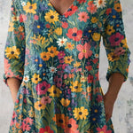Oil Painting Summer Floral Pattern Printed Women's Casual Linen V-Neck Shirt