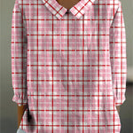 Lovely Plaid Pattern Printed Women's Casual Cotton And Linen 3/4 Sleeve Shirt