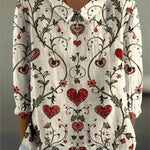 Vintage Heart Symmetrical Pattern Printed Women's Casual Cotton And Linen 3/4 Sleeve Shirt