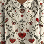 Vintage Heart Symmetrical Pattern Printed Women's Casual Cotton And Linen 3/4 Sleeve Shirt