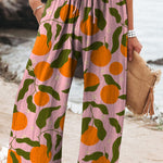 Summer Orange Pattern Printed Women's Cotton And Linen Casual Pants