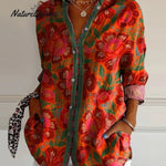 Ethnic Style Summer Floral Pattern Printed Women's Casual Linen V-Neck Shirt