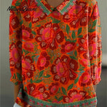 Ethnic Style Summer Floral Pattern Printed Women's Casual Linen V-Neck Shirt