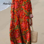 Ethnic Style Summer Floral Pattern Printed Women's Casual Linen V-Neck Shirt