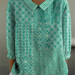 Simple Ethnic Pattern Printed Women's Casual Cotton And Linen 3/4 Sleeve Shirt