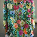 Colorful Summer Floral Art Printed Women's Casual Cotton And Linen 3/4 Sleeve Shirt