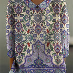 Summer Ethnic Pattern Printed Women's Casual Cotton And Linen 3/4 Sleeve Shirt
