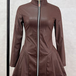 Long Sleeves Skinny Pleated Split-Joint Zipper Stand Collar Mini Dresses