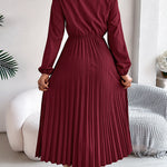 Elasticated Waist High Waisted Pleated Solid Color V-Neck Midi Dresses