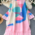 Flared Sleeves Loose Belted Contrast Color Pleated Midi Dresses