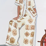Lakeside Breeze Linen Blend Unique Print Short Sleeve Button Oversized Blouse
