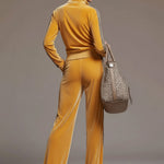 Casual Sporty Retro Leopard Print Trim Yellow Velvet Sweatshirt Wide-Leg Pants Set