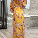Margovil Off Shoulder Lantern Long Sleeves Printed Slit Pleated Maxi Dress