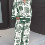 Margovil Lapel V Neck Long Sleeves Shirt Wide Leg Pants Printed Casual Set
