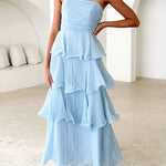 Margovil Strapless Empire Waist Ruffle Layered Maxi Dress