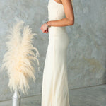 Ruffle Slant Shoulder Cut Out Waist Bodycon Maxi Dress