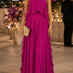 Margovil Strapless Tube Ruffle Pleated Swing Maxi Dress