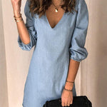 Margovil V Neck Cuff Sleeve Solid Mini Dress