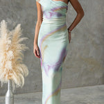 One Shoulder Watercolor Swirl Maxi Bodycon Dress