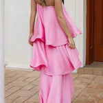 Margovil Adjustable Strap Ruffle Layered Satin Maxi Dress