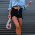 Margovil Long Sleeves Drawstring Hem Cropped Denim Shirt