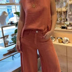 Cotton and linen solid color sleeveless trousers two-piece suit