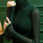 Long Sleeves Plus Size See-Through Solid Color Split-Joint High Neck T-Shirts