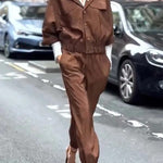 Street Charm Glossy Fabric Button Pocket Cargo Jacket and Elastic Waist Jogger Pants Set