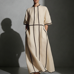 Women's Modern Linen Blend Beige Stand-Collar Half-Sleeve Contrast-Line Pocketed Maxi Dress