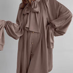 A-Line Flared Sleeves Buttoned Elasticity Pleated Solid Color Tied Zipper Stand Collar Mini Dresses