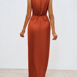 Loose Sleeveless Pleated Split-Front Split-Joint V-Neck Maxi Dresses