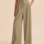High Waisted Loose Buttoned Pleated Solid Color Pants Trousers