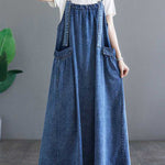 A-Line Loose Pleated Pockets Split-Joint Spaghetti-Neck Maxi Dresses Suspender Dress